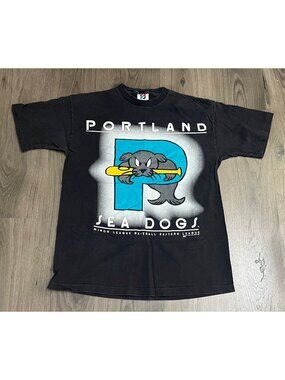Vintage 90s Portland Sea Dogs Black T Shirt Large Single Stitch Made USA